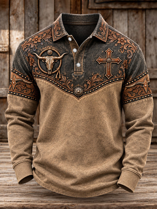 Men's Western Christian Cross Print Long Sleeve Polo