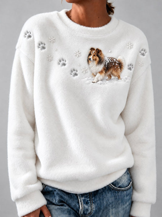 Women's Sheltie Dog in the Snow & Paw Prints Yoke Print Flannel Sweatshirt