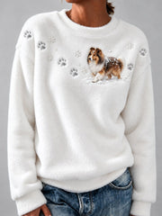 Women's Sheltie Dog in the Snow & Paw Prints Yoke Print Flannel Sweatshirt