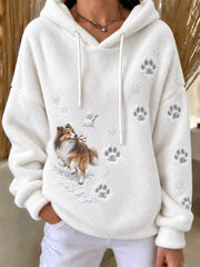 Women's Naughty Sheltie Dog & Snowman Snowy Winter Print Flannel Hoodie