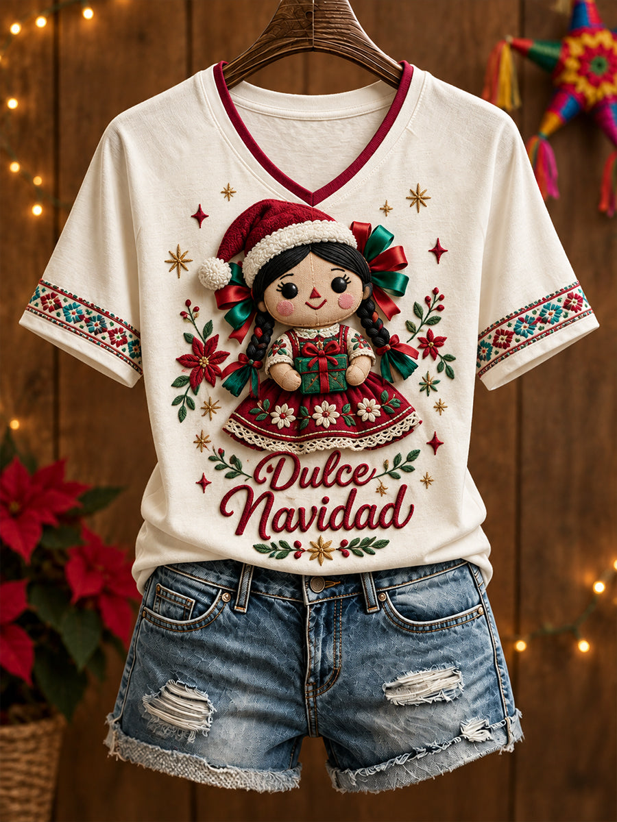 Women's Mexico Christmas Feliz Navidad Art Printed T-shirt