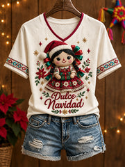 Women's Mexico Christmas Feliz Navidad Art Printed T-shirt