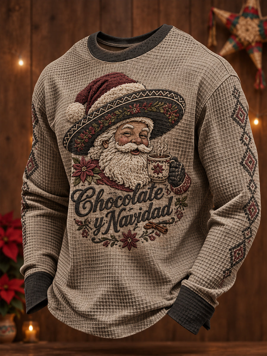 Men's Mexico Christmas Feliz Navidad Art Printed Waffle Sweatshirt