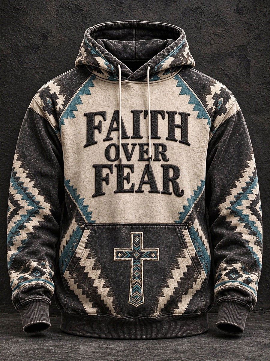 Men's Vintage Faith Over Fear Cross Print Casual Hoodie