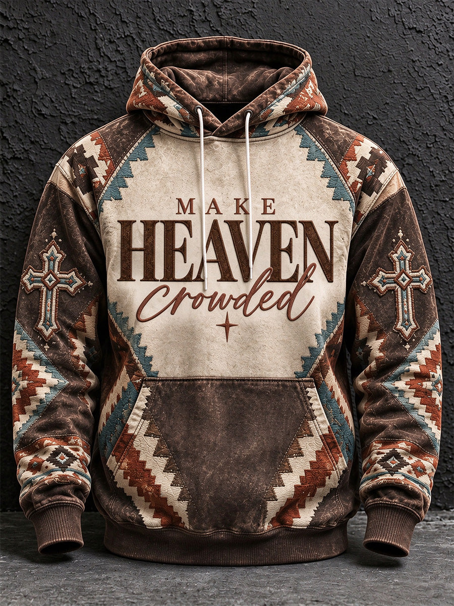 Men's Vintage Make Heaven Crowded Cross Print Casual Hoodie