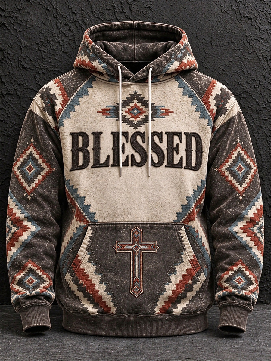 Men's Vintage Blessed Cross Print Casual Hoodie