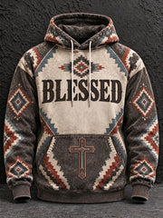 Men's Vintage Blessed Cross Print Casual Hoodie