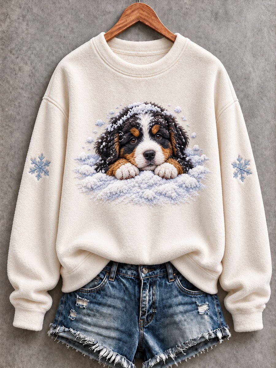 Women's Snowy Winter Bernese Mountain Dog In the Snow Print Flannel Sweatshirt