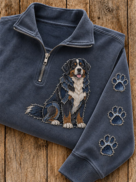 Women's Patchwork Bernese Mountain Dog & Paw Print Zip Up Sweatshirt