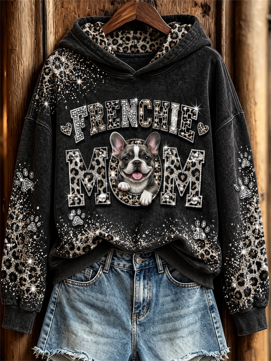 Women's Frenchie Mom Peeking Dog Glitter Leopard Print Hoodie