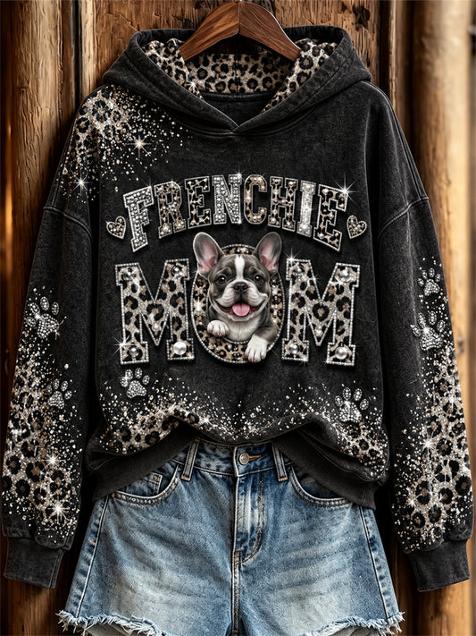 Women's Frenchie Mom Peeking Dog Glitter Leopard Print Hoodie