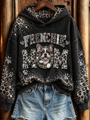 Women's Frenchie Mom Peeking Dog Glitter Leopard Print Hoodie