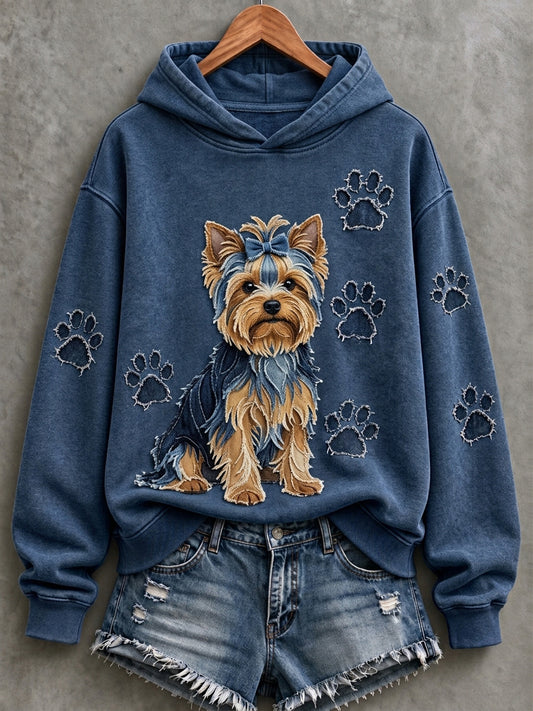 Women's Yorkshire Terrier & Paw Prints Patchwork Print Casual Hoodie