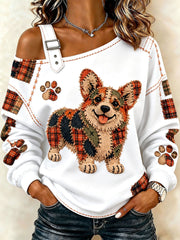Women's Patchwork-style Dog print Casual Off-Shoulder Sweatshirt