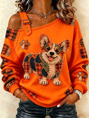 Women's Patchwork-style Dog print Casual Off-Shoulder Sweatshirt
