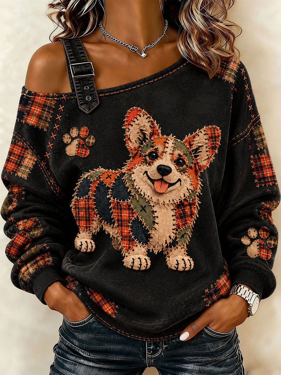 Women's Patchwork-style Dog print Casual Off-Shoulder Sweatshirt