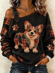 Women's Patchwork-style Dog print Casual Off-Shoulder Sweatshirt