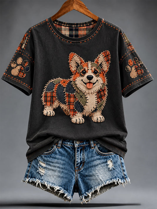 Women's Patchwork-style Dog print short-sleeved T-shirt