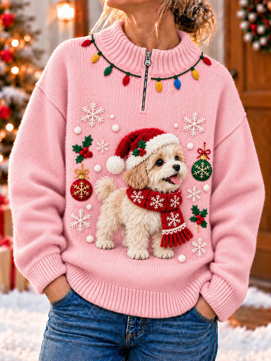 Women's Christmas Funny Dog Art Print Zipper Sweater