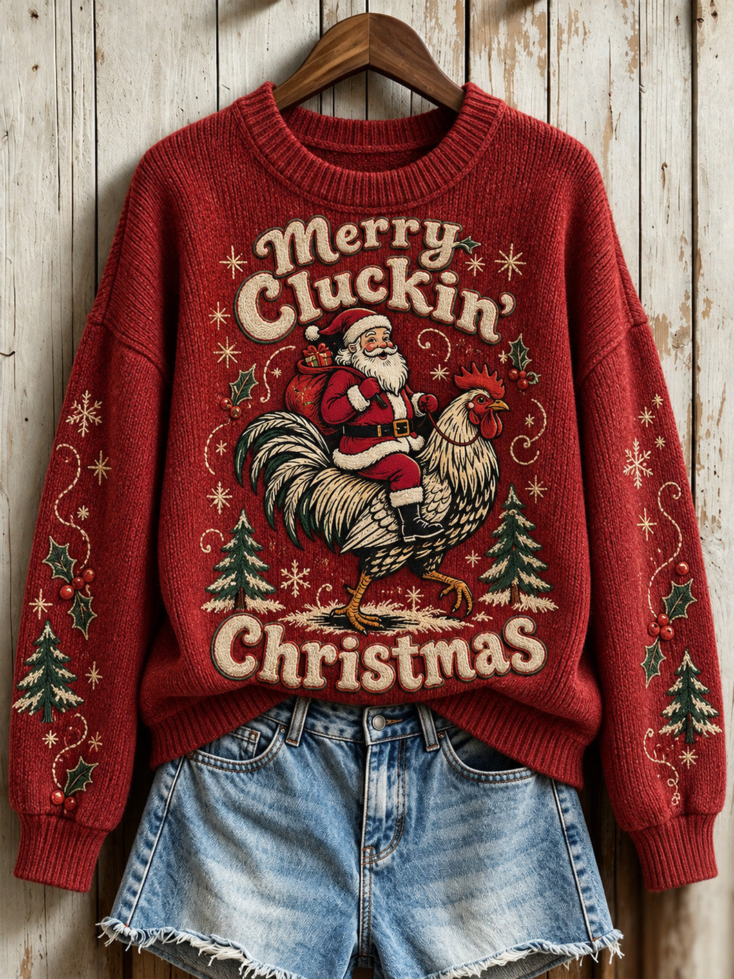 Women's Merry Cluckin' Christmas fun slogan with rooster pattern design casual sweater