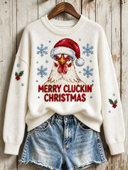 Women's Merry Cluckin' Christmas fun slogan with rooster pattern design casual sweater