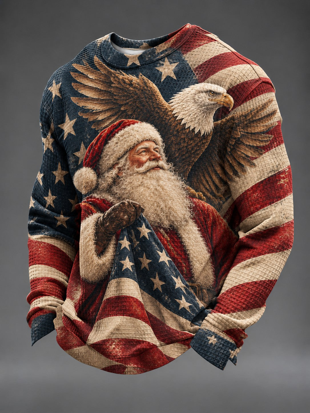 Men's American Flag Christmas Printed Waffle Long Sleeve T-Shirt